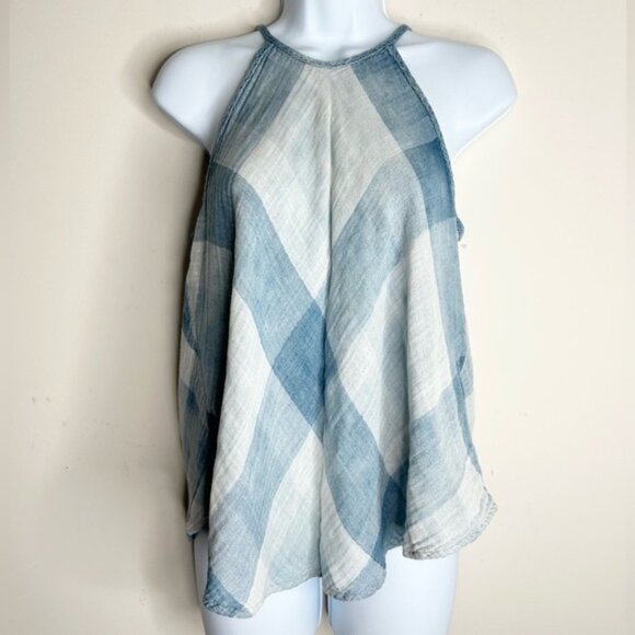 Anthropologie Cloth and Stone Sky Halter Tank Top Plaid Checkered Gauze Blue XS - Picture 8 of 16